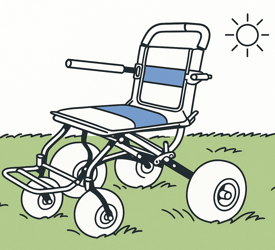 Close-up of a blue beach wheelchair