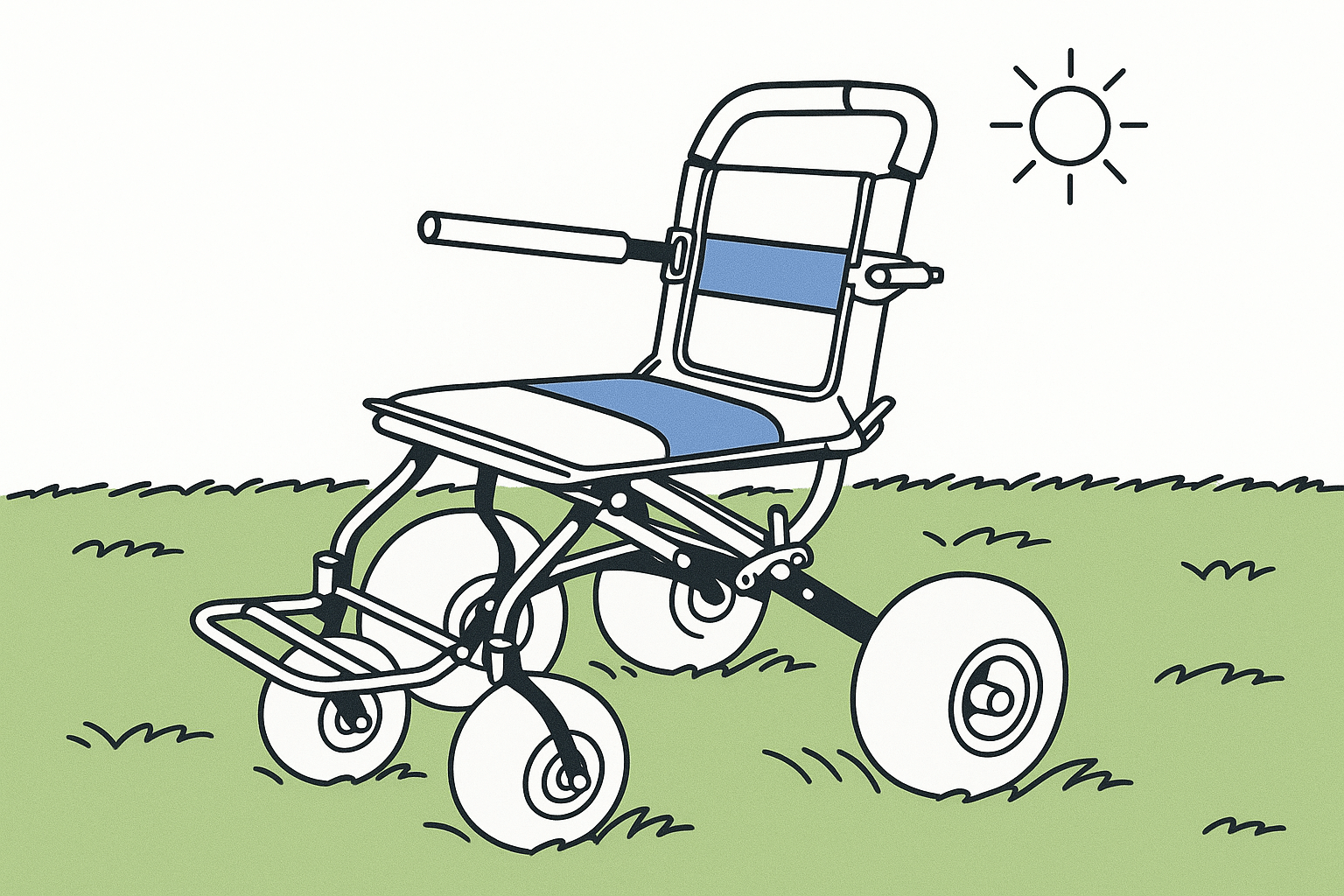 Close-up of a blue beach wheelchair