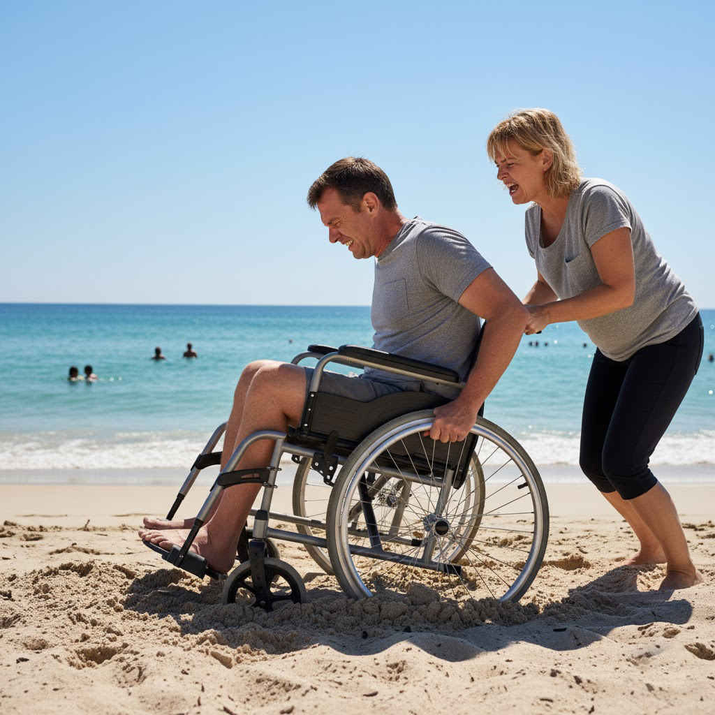 Traditional wheelchair stuck in sand